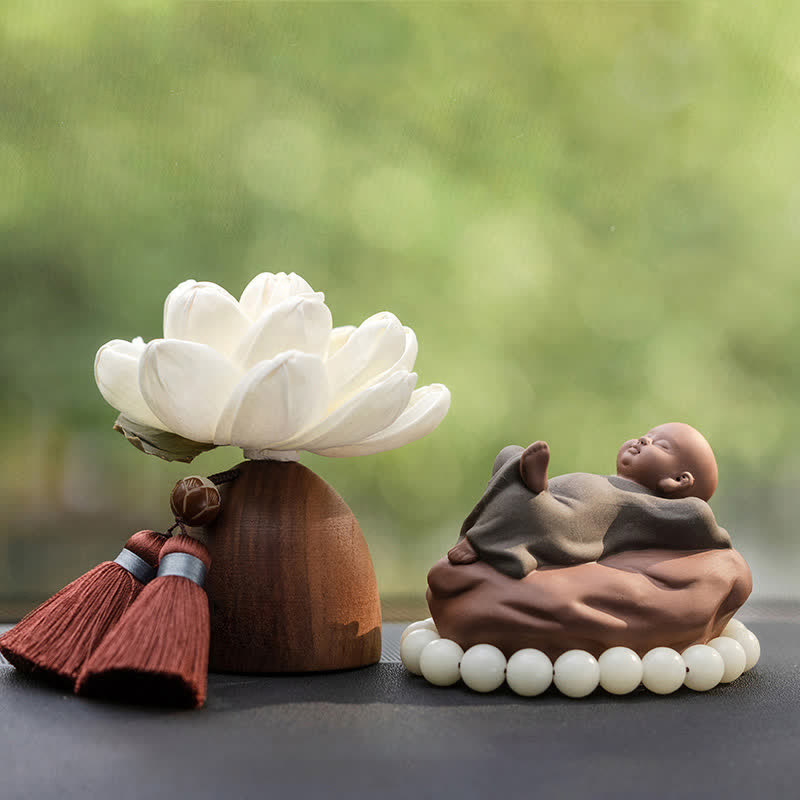 Black Peach Wood Buddha Flower Decoration – with incense burner and stones, zen altar arrangement
