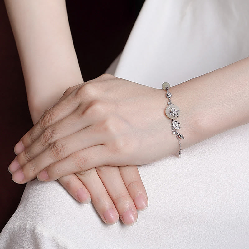 Sterling Silver Hetian Jade Peace Buckle Bracelet - worn on wrist, silver floral chain elegant