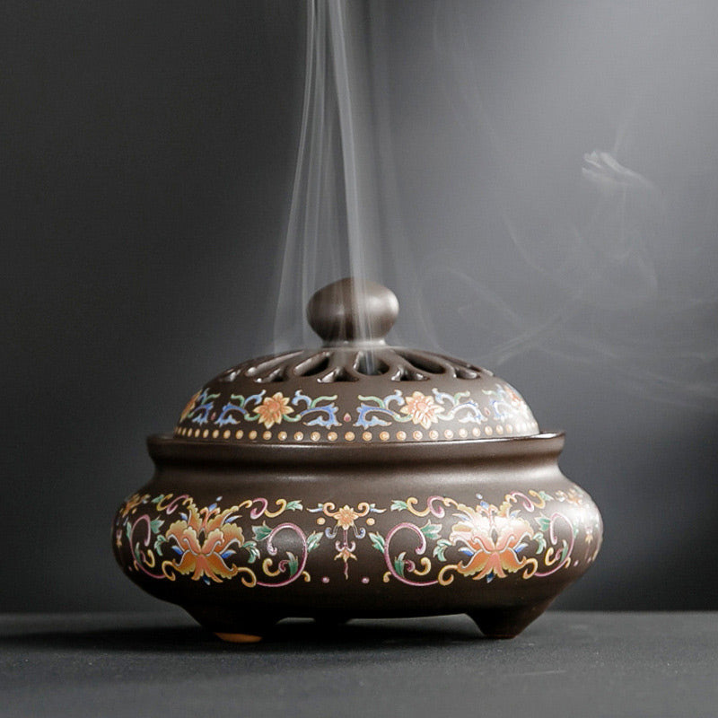 Brûleur d'encens à refoulement en céramique dragon floral