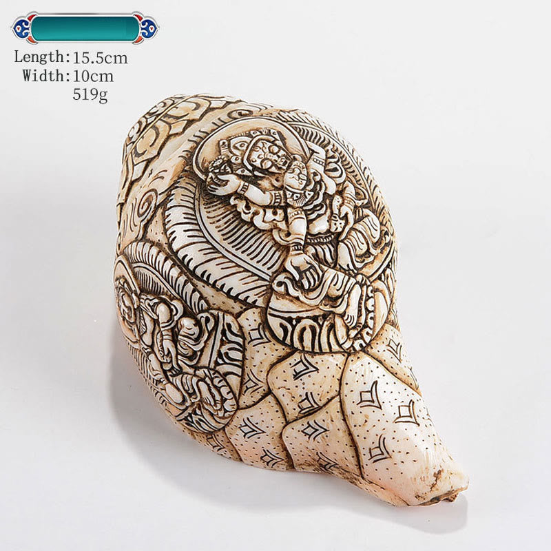 Engraved Shankha Wealth Conch – paired with wealth thangka corner, Tibetan Buddhist altar ensemble