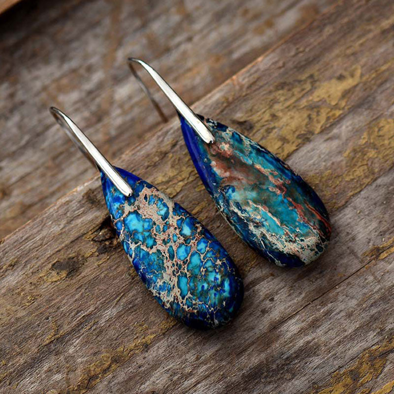 Emperor Stone Healing Crystal Earrings – Teardrop natural stone dangle earrings with cobalt blue and green mineral veins with silver ear hooks