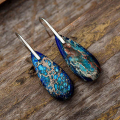 Emperor Stone Healing Crystal Earrings – Teardrop natural stone dangle earrings with cobalt blue and green mineral veins with silver ear hooks