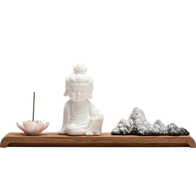Ceramic Buddha Decor – full assembly, lotus and wood base combo