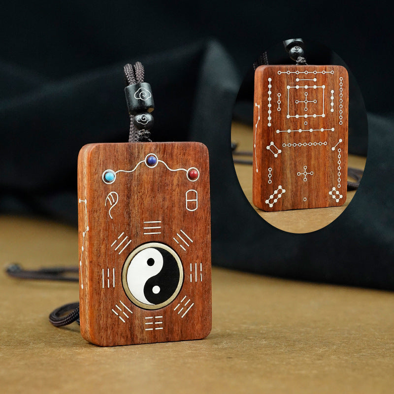 Yin Yang Ebony Silver Inlaid Pendant Necklace – Bloodwood, front view, amulet necklace