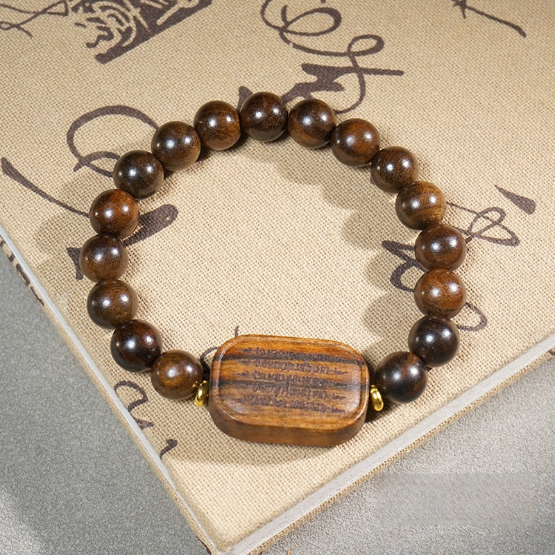 Natural Agarwood Carved Mala Bracelet – 20cm-C, side view, healing bracelet