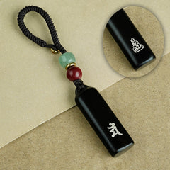 Ebony Eight Guardians talisman keychain with silver inlay for Dog and Pig zodiac Buddhist protection