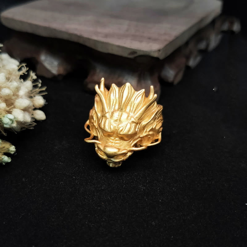 Golden Dragon Luck Protection Ring – fierce frontal dragon gaze with scale-carved brow and mane details