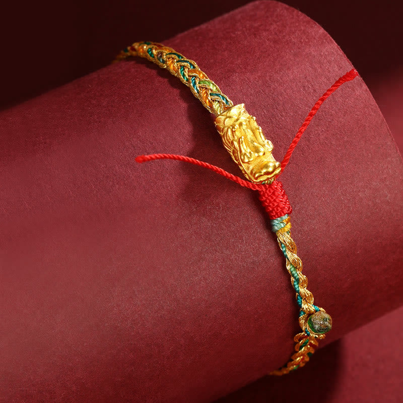 Colorful Dragon Carved Braided Bracelet – Intricate gold dragon charm close-up on braided display, Cultural
