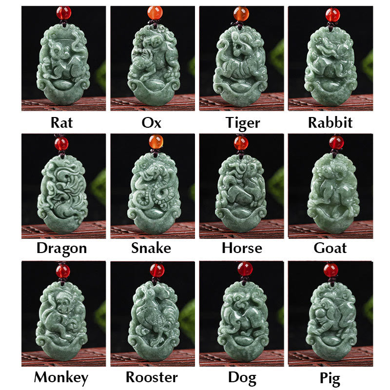 Jade Zodiac Prosperity Necklace – 12 zodiac animal set grid, collectible assortment