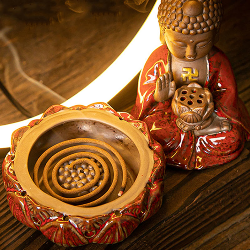 Buddha incense burner lotus holder with spiral coil and LED crescent light, two-piece set, wood grain surface