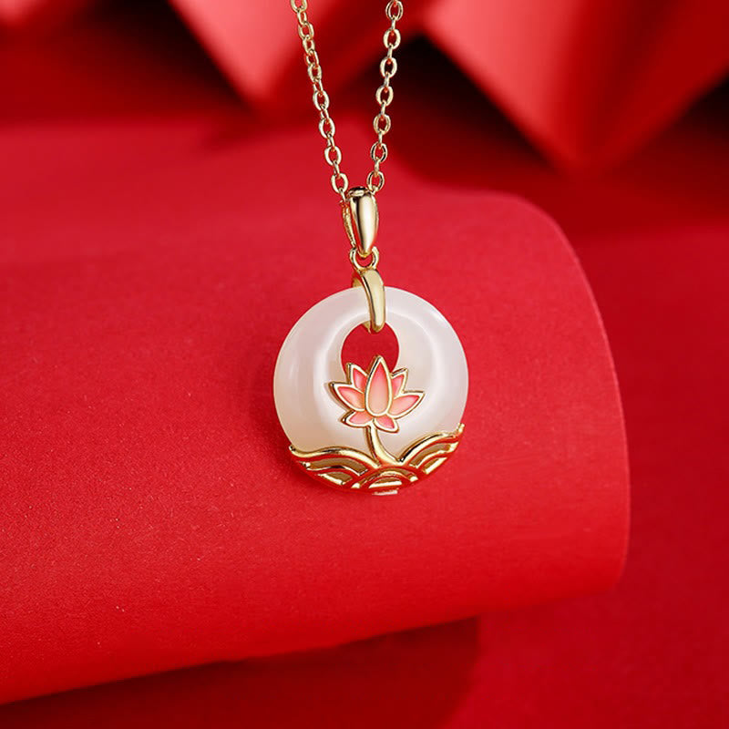 Sterling Silver Hetian White Jade Lotus Necklace – pink enamel lotus on jade disc, crimson backdrop