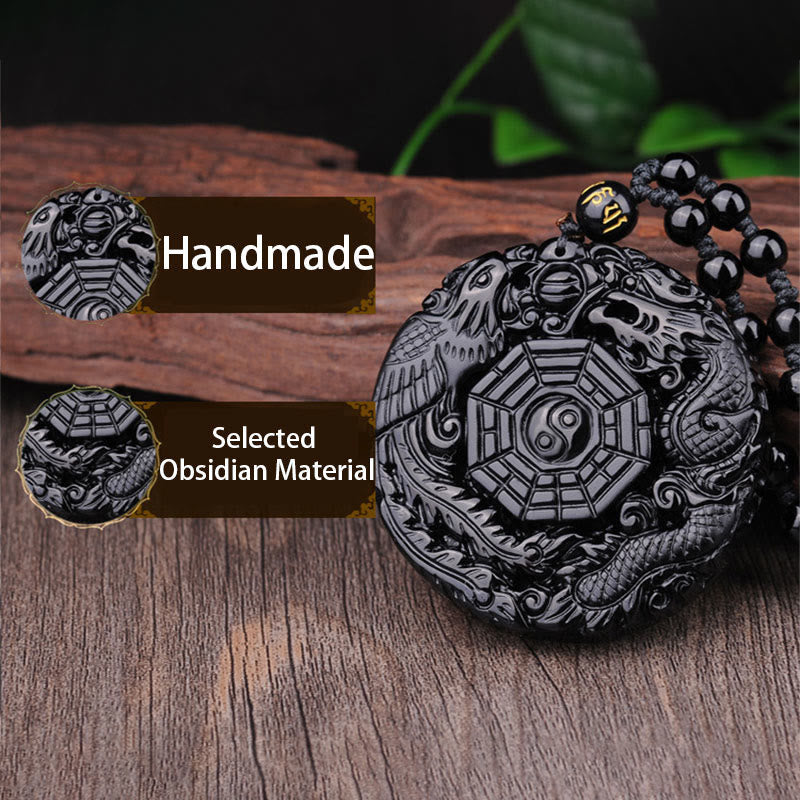 Bagua Dragon Phoenix Obsidian Pendant – Handmade carved obsidian on natural wood, authentic