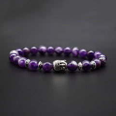 Amethyst Buddha Bracelet – Studio shot on dark gray background showing purple bead texture, meditation