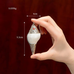Tibetan Shankha Conch Shell Decoration – Small conch shell held in hand, 9.3cm silver coral mount, Compact