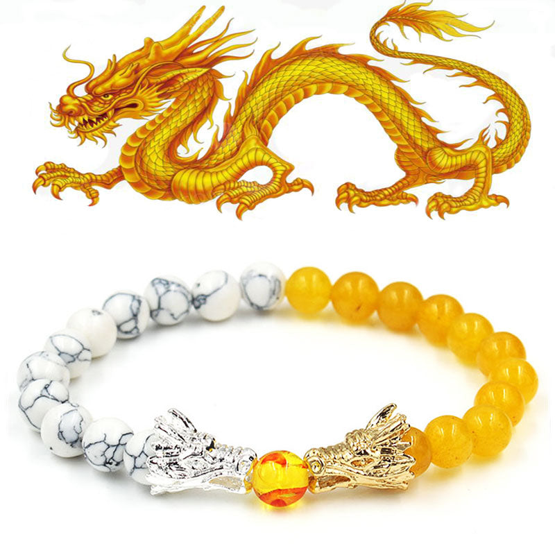 White Turquoise Lava Rock Dragon Bracelet – White howlite and golden yellow beads with silver gold dragon heads, Balanced