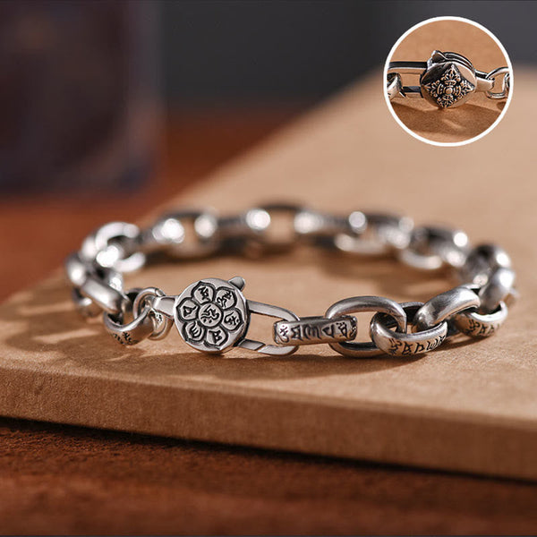 Om Mani Padme Hum Silver Bracelet – Low angle showing clasp mechanism with inset detail of six-petal lotus medallion, mantra bracelet