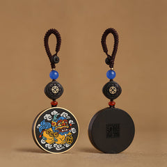 PiXiu Coin Keychain – Front and back view of ebony medallion with PiXiu art and seal engraving