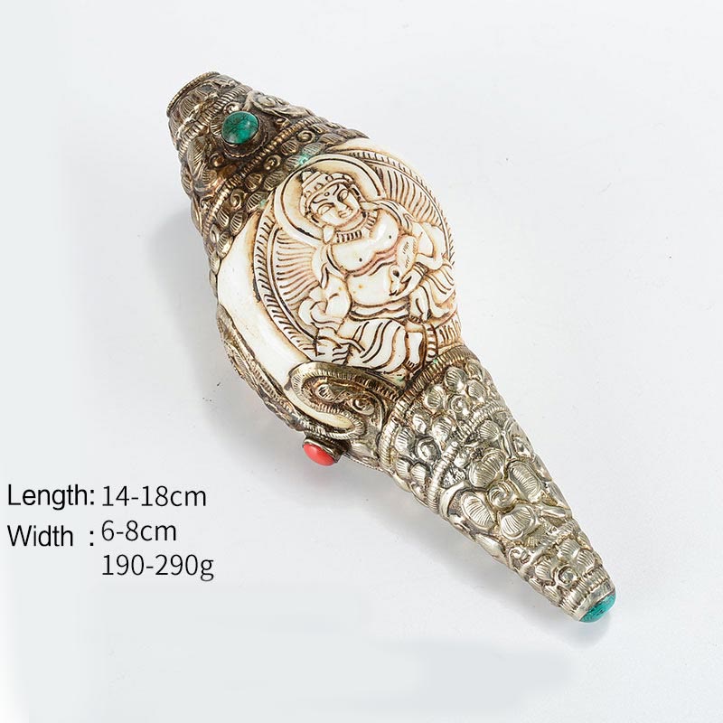 Engraved Shankha Positive Conch – three-quarter angle showing halo engraving behind Buddha, aura detail