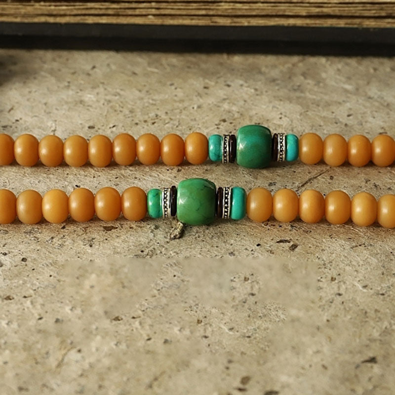 108 Bodhi Seed Mala Bracelet – Two strands amber beads with turquoise and ornate silver spacers
