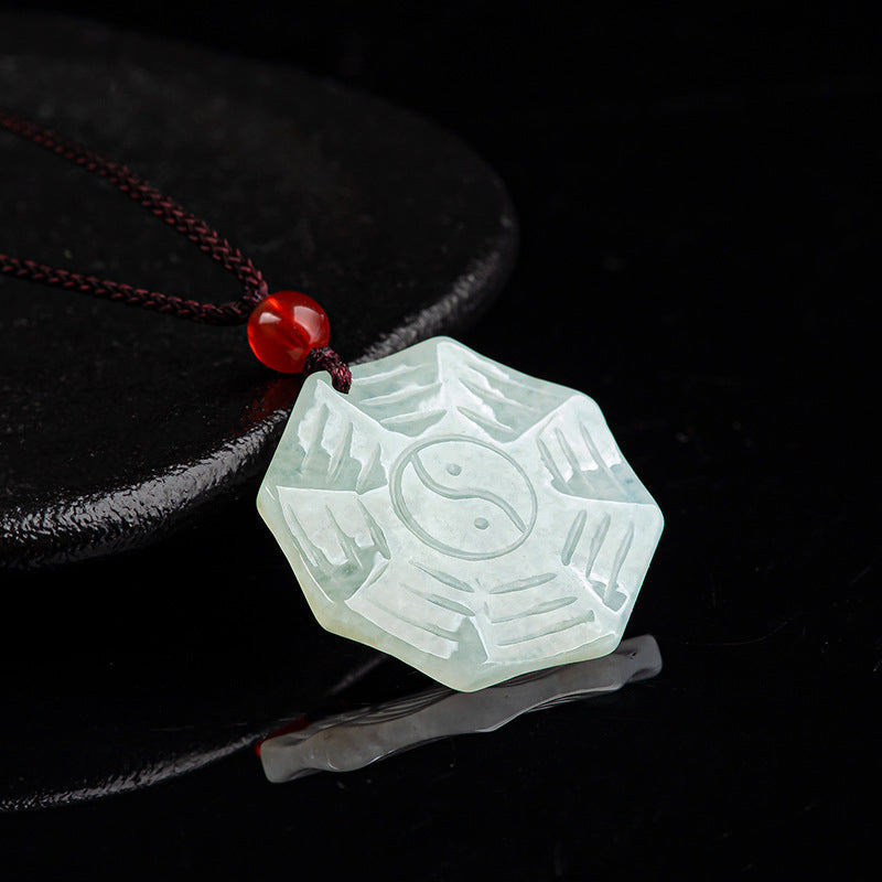 Natural Jade Bagua Yin Yang Luck Necklace - Translucent jade bagua yin yang pendant on black display, carved jade amulet neck