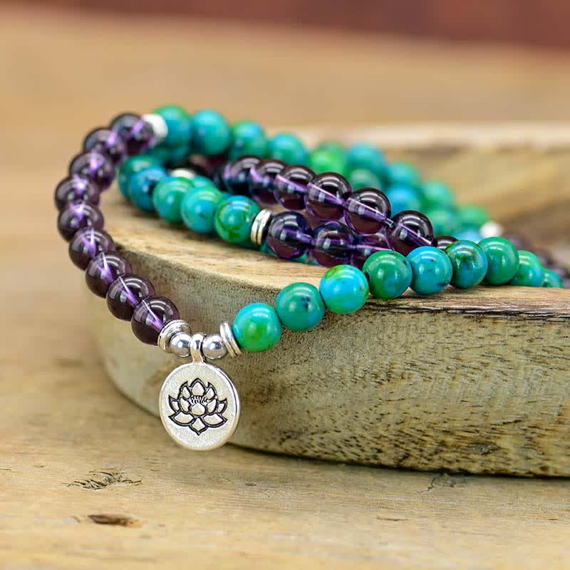 Amethyst Green Aventurine Lotus Charm Bracelet | Peace & Healing