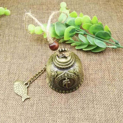 Feng Shui Wind Chime Bell - Bronze bell with Chinese fortune character and floral relief, lucky charm