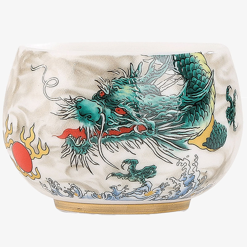 Dragon Cicada Ceramic Tea Bowl - teal dragon chasing flaming pearl with ocean waves, crackle glaze, lateral view