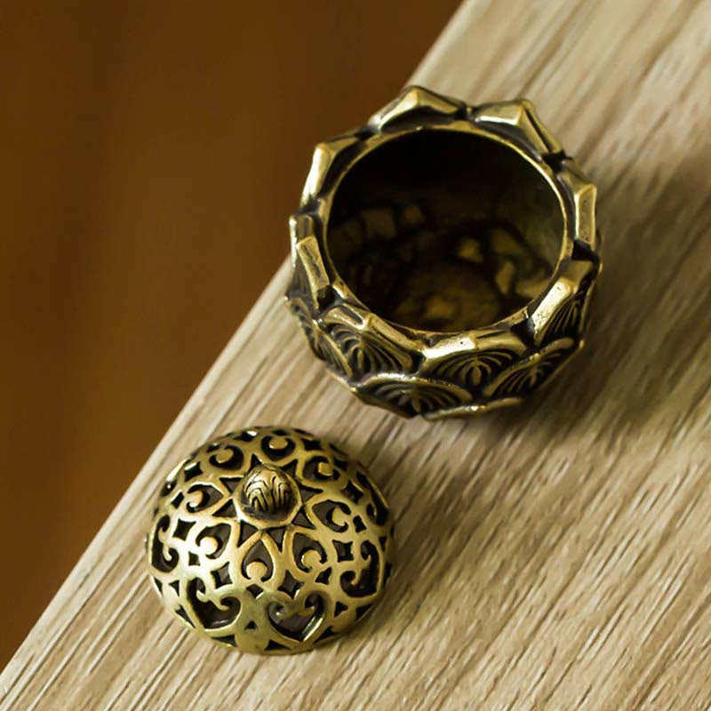Tibetan Lotus Mini Incense Burner – Upright lotus base with petal rim, filigree lid beside