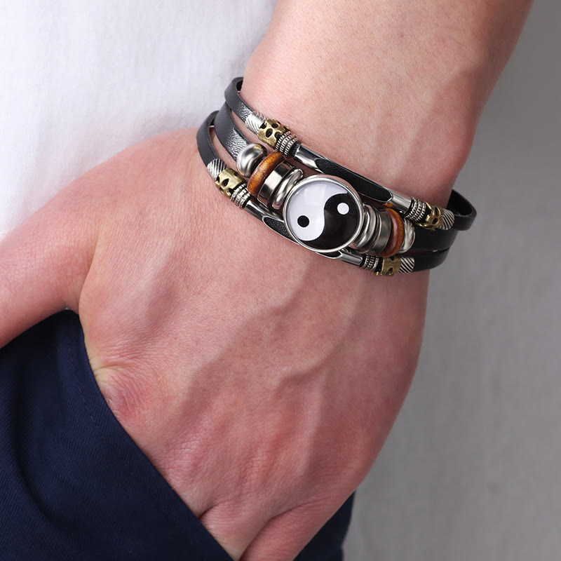 Yin Yang Leather Balance Bracelet - Side by side black and blue yin-yang leather wraps, beaded bracelet duo