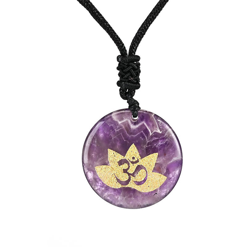 OM Lotus Amethyst Tiger Eye Pendant - banded amethyst disc with gold lotus Om symbol, spiritual necklace