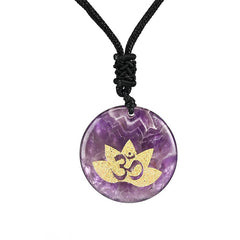 OM Lotus Amethyst Tiger Eye Pendant - banded amethyst disc with gold lotus Om symbol, spiritual necklace