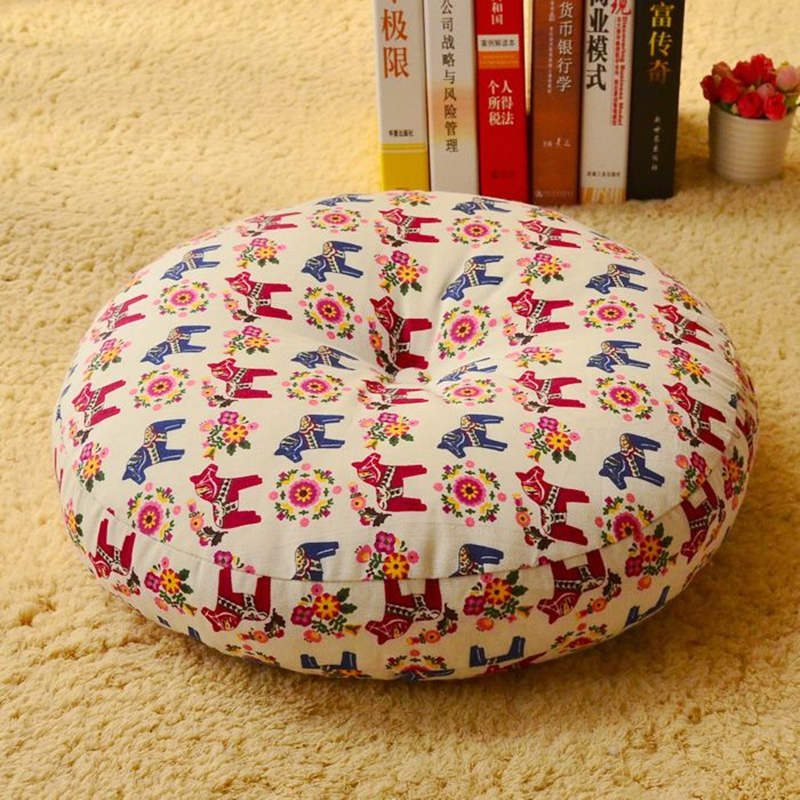 Lotus Linen Meditation Cushion – Dala horse Scandinavian folk pattern on cream rug