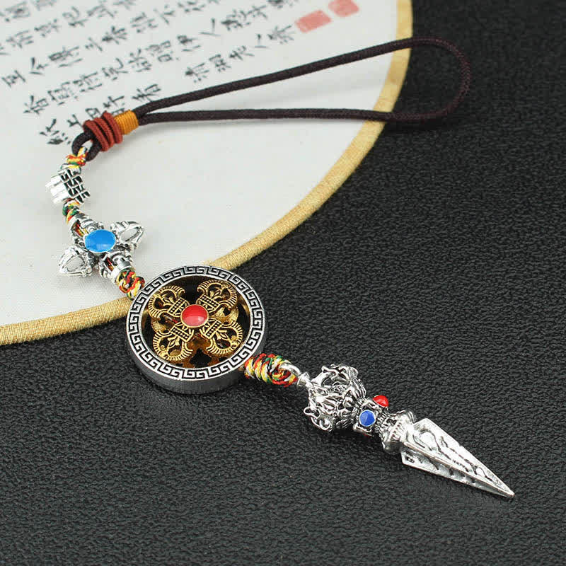 Tibetan Vajra Dorje Car Hanging – Full pendant with dharma wheel medallion and phurba dagger, Buddhist ornament