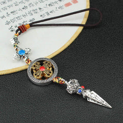Tibetan Vajra Dorje Car Hanging – Full pendant with dharma wheel medallion and phurba dagger, Buddhist ornament