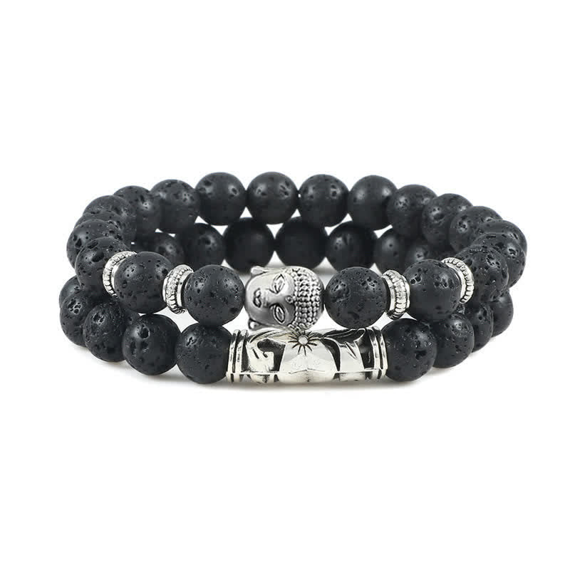 Natural Agate Buddha Protection Bracelet – Black porous lava rock beads with silver Buddha charm, grounding protection jewelr
