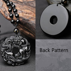 Black Obsidian Pixiu Pendant – Collage showing pendant front, back pattern and texture detail