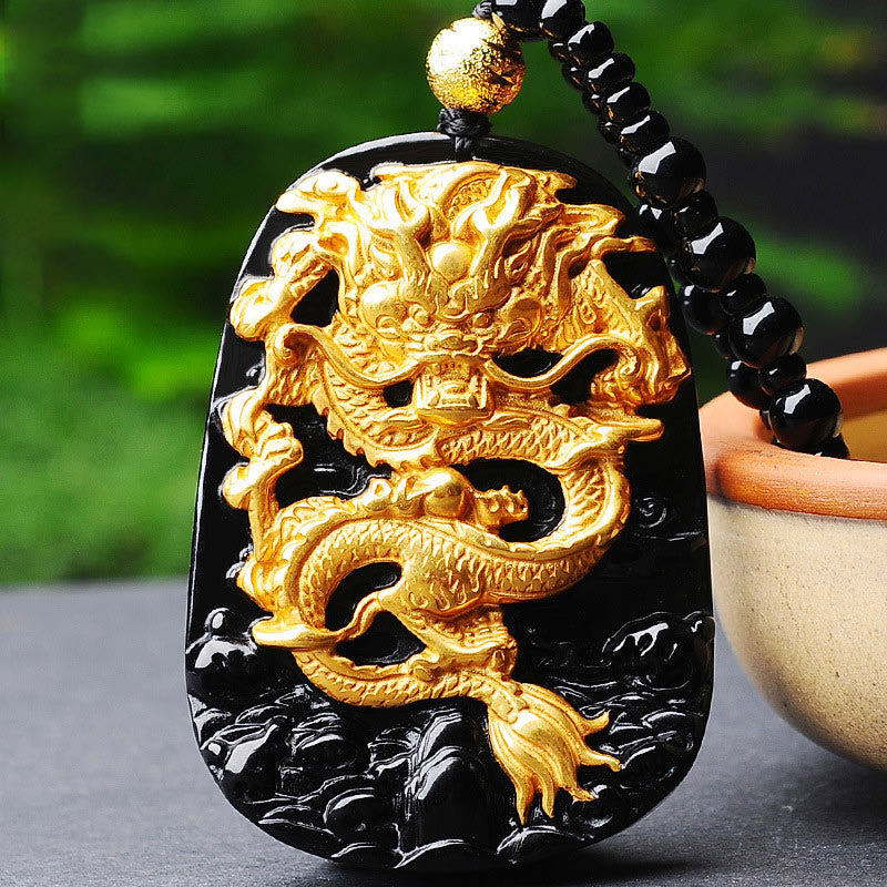 18K Gold Dragon Obsidian Lucky Pendant Necklace – 3D gold dragon on polished black stone with beaded chain, powerful