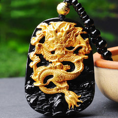 18K Gold Dragon Obsidian Lucky Pendant Necklace – 3D gold dragon on polished black stone with beaded chain, powerful