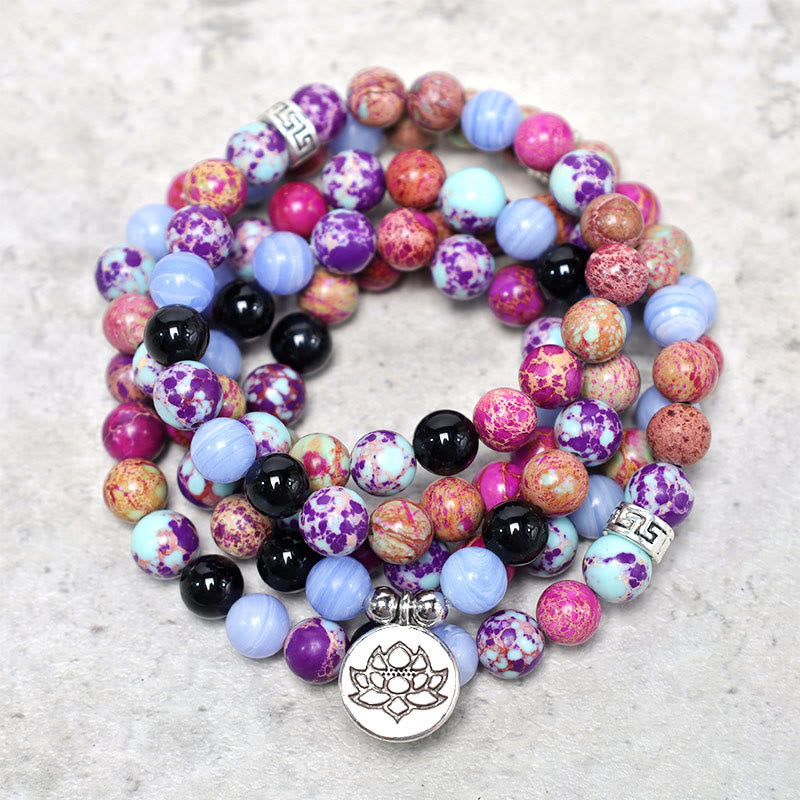 Purple Miano Real Stone Lotus Mala – coiled 108 beads with onyx and lotus charm, healing