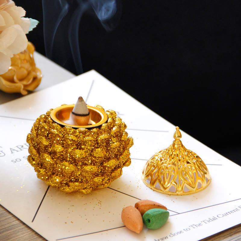 Gold Pine Cone Mini Incense Burner - Crystalline base with lit cone, lid, colored cones, scented decor