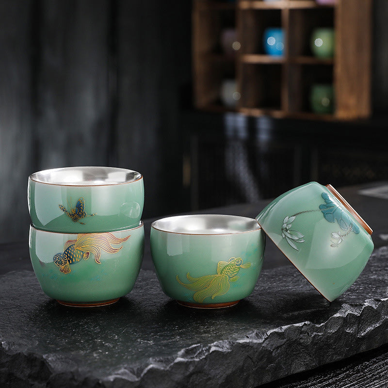 Butterfly Goldfish Koi Teacup – front view with butterfly and koi fish, ceramic 120ml