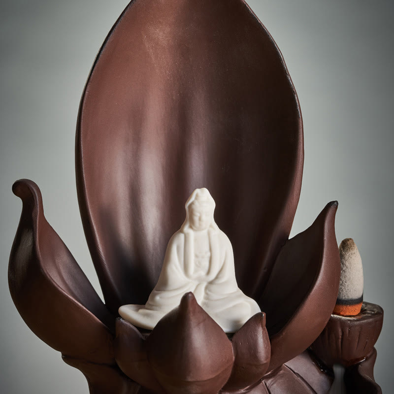 Lotus Buddha Avalokitesvara Purple Clay Incense Burner – smoke trail rising gently, functional aromatherapy shot