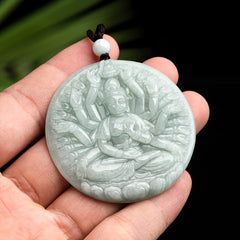 Thousand-Hand Kwan Yin Jade Necklace – back view of copper patina texture, Buddhist wealth altar piece