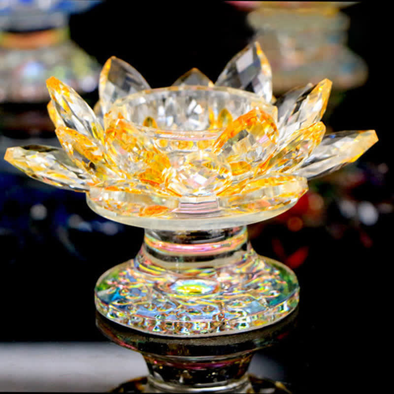 Lotus Flower Crystal Candle Holder - crystal lotus with golden amber highlights, radiant