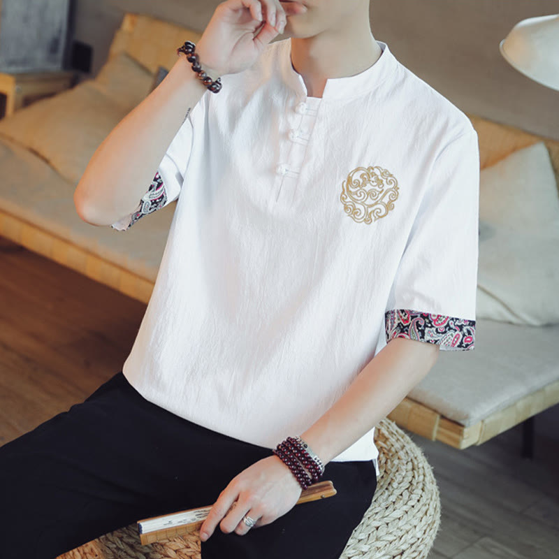 Dragon Embroidery Frog-Button Linen Tang Suit Shirt - White mandarin collar with gold medallion, distinguished