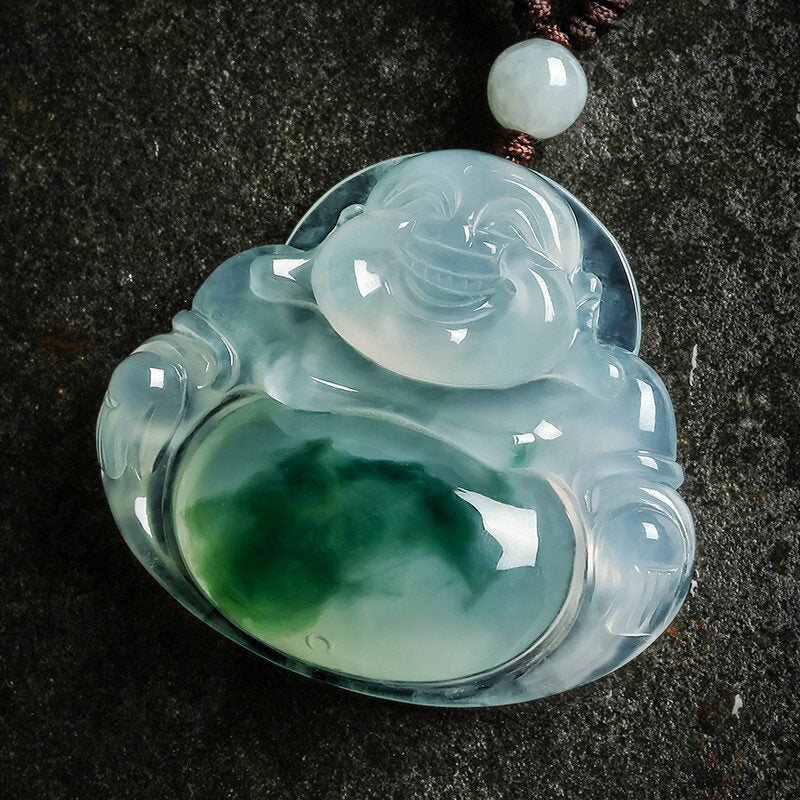 Cyan Jade Buddha Luck Necklace Pendant – front-facing cyan jade Maitreya with glossy finish on dark stone, harmony