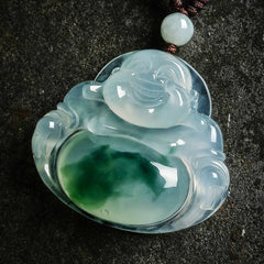 Cyan Jade Buddha Luck Necklace Pendant – front-facing cyan jade Maitreya with glossy finish on dark stone, harmony