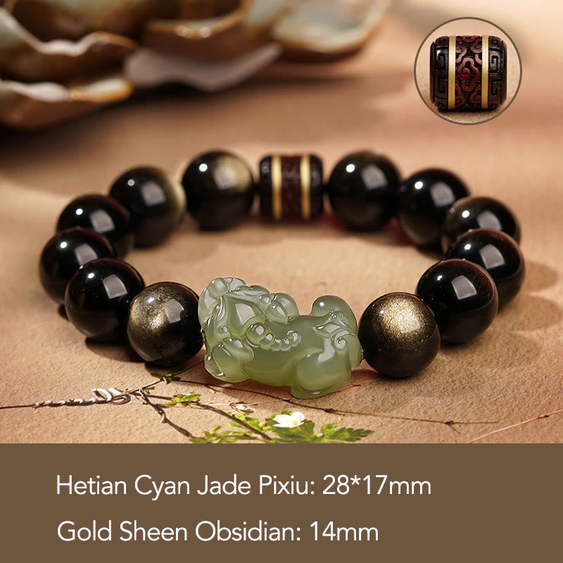 Gold Sheen Obsidian Hetian Jade PiXiu Wealth Bracelet – Green jade PiXiu 14mm gold sheen obsidian with size text overlay