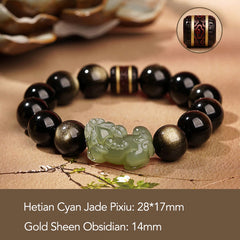 Gold Sheen Obsidian Hetian Jade PiXiu Wealth Bracelet – Green jade PiXiu 14mm gold sheen obsidian with size text overlay