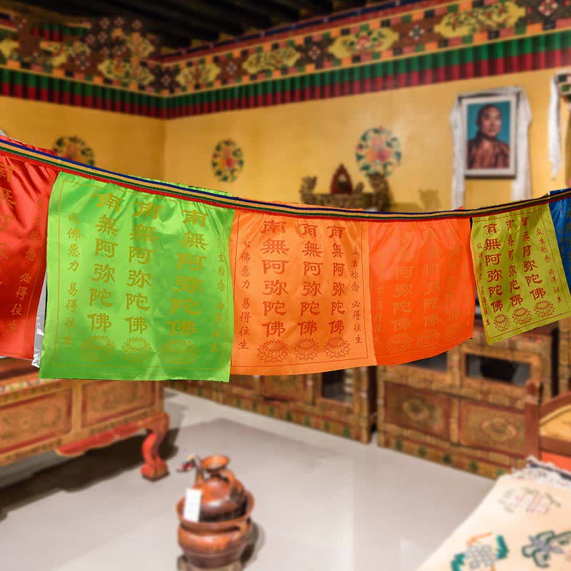Tibetan Windhorse Lotus Prayer Flag Set - multi-color panels in temple shrine, lotus motifs